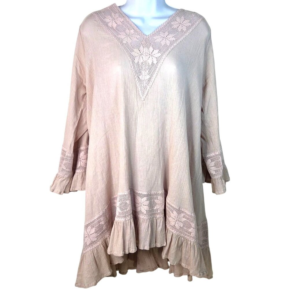 Jdl Clothing Jeanne D' Arc Living M/L Beige 100% Cotton Tunic Dress With Croche - Picture 1 of 6